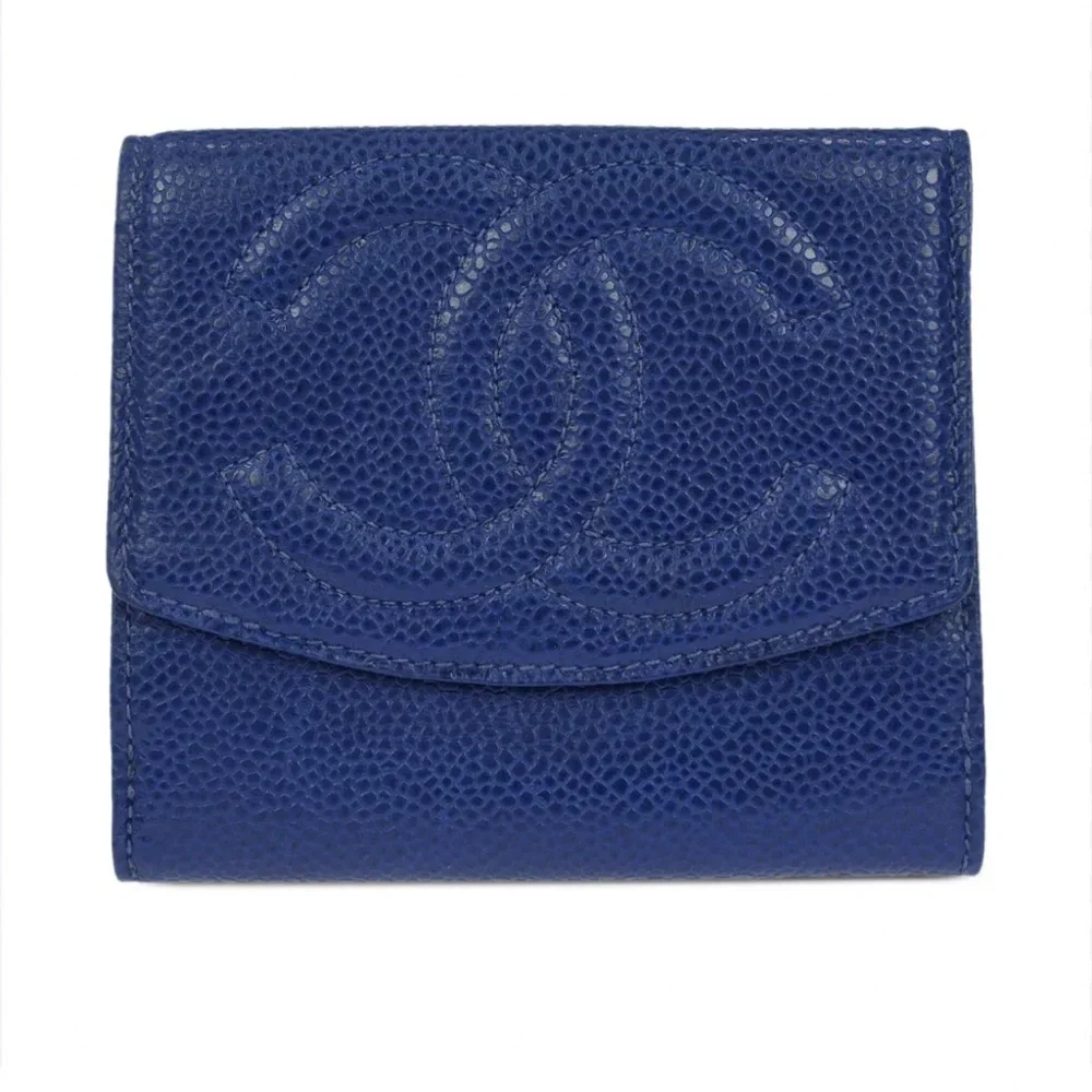 Chanel Blue Cavier Leather Card Wallet with Quilted Logo